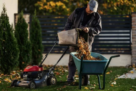 En person med en kasket tømmer en græsopsamler fra en plæneklipper, der er fyldt med faldne blade, ned i en trillebør som led i efterårsplejen af græsplænen.