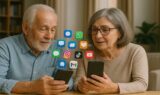 Seniorer ser på mobiltelefoner med apps