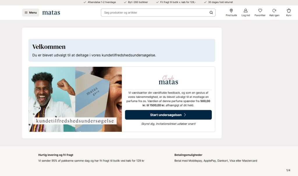 En hjemmeside fra Matas annoncerer en kundetilfredshedsundersøgelse med en velkomstbesked, glade mennesker og en invitation til at deltage og få chancen for at vinde et gavekort eller en gratis parfume. Navigation og indkøbsmuligheder vises øverst.