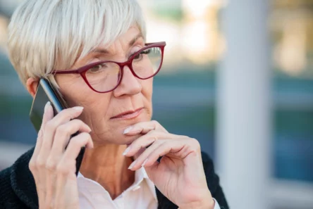 Ældre kvinde med kort gråt hår og røde briller holder en smartphone op til øret og ser eftertænksom ud med hånden på hagen - måske overvejer hun, hvordan hun kan stoppe spamopkald eller uønskede opkald. Hun har en sort jakke på mod en sløret baggrund.