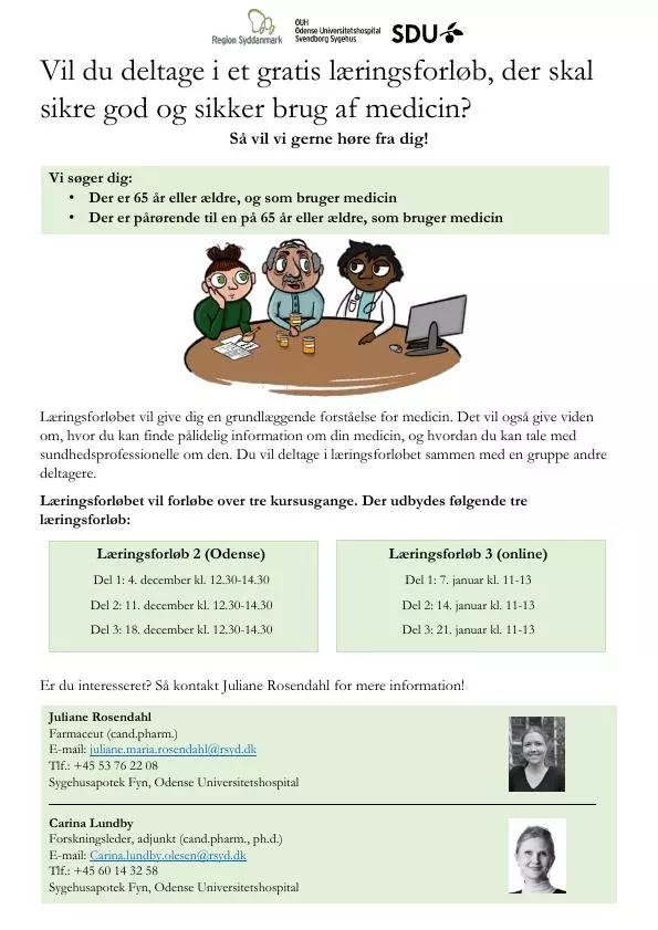 En dansk flyer inviterer personer over 65 år, deres pårørende eller fagfolk til et gratis læringsforløb i sikker brug af medicin med angivelse af datoer, kontaktoplysninger og med tegneseriefigurer, der diskuterer medicin ved et bord.