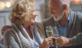 Et ældre pensionistpar sidder tæt sammen, smiler og har øjenkontakt, mens de skåler med hvidvinsglas. De ser glade og afslappede ud, iført hyggelige sweatre i en varmt oplyst omgivelse den 31. december.