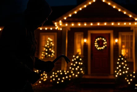 En person i hættetrøje med et koben står uden for et hus pyntet med julelys og en krans om natten og minder os om at lave huset mere sikkert med smarte sikkerhedstips under juledagene.