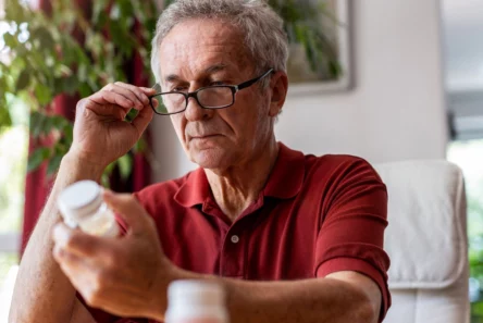 En ældre mand med briller og rød poloshirt sidder indendørs og nærstuderer et pilleglas - måske gennemgår han sin medicin i julen. Planter og naturligt lys lyser op i baggrunden.
