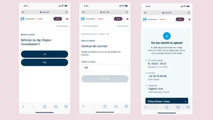 Tre smartphone-skærme viser en dansk lægehjemmeside. Den første spørger om brugerens placering, den anden om at bestille opkald, og den tredje bekræfter en vellykket anmodning - brugerne vil blive opkaldt fra 1813 med deres aftaledetaljer.