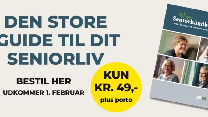 Annonce for Seniorhåndbogen 2026 fra Faglig Senior med smilende seniorer på forsiden. Bestil guiden for kun 49 kr plus forsendelse fra 1. februar. Gå ikke glip af det - sikre dig dit eksemplar gennem Faglig Senior!.