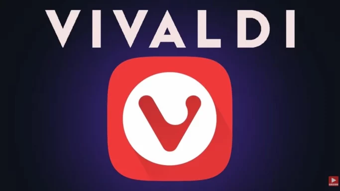 Billedet viser ordet VIVALDI med store bogstaver over Vivaldi-browserens logo - en rød firkant med afrundede hjørner og et stiliseret hvidt V - og fremhæver det som et alternativ til amerikanske tech-giganter.