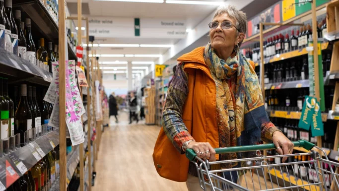 En ældre kvinde med briller, en orange vest og et farverigt tørklæde skubber en indkøbsvogn ned ad spiritusgangen i et oplyst supermarked og kigger eftertænksomt på hylderne med vinflasker - måske med tanke på sine pensionisters budget og Fødevarechecken.