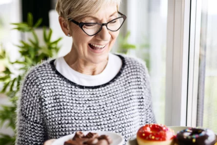 En smilende ældre kvinde med kort blondt hår og briller holder tallerkener med farverige donuts, slik og chokoladekager, mens hun står ved et vindue med grønne planter i baggrunden.