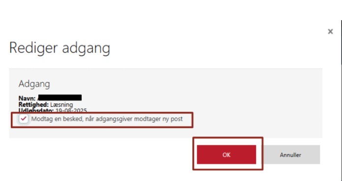 En dansk e-Boks-webside til redigering af adgang, med et afkrydsningsfelt mærket Modtag en besked, når adgangsgiver modtager ny post markeret, og en stor rød OK-knap markeret nederst til højre.