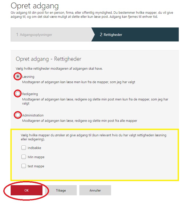 En dansk webformular til tildeling af adgangsrettigheder i e-Boks. Mulighederne omfatter læsning, redigering og administration, som hver især er beskrevet. Herunder kan der vælges mapper. Læsning og to mapper er markeret. Nederst er der en rød OK-knap.