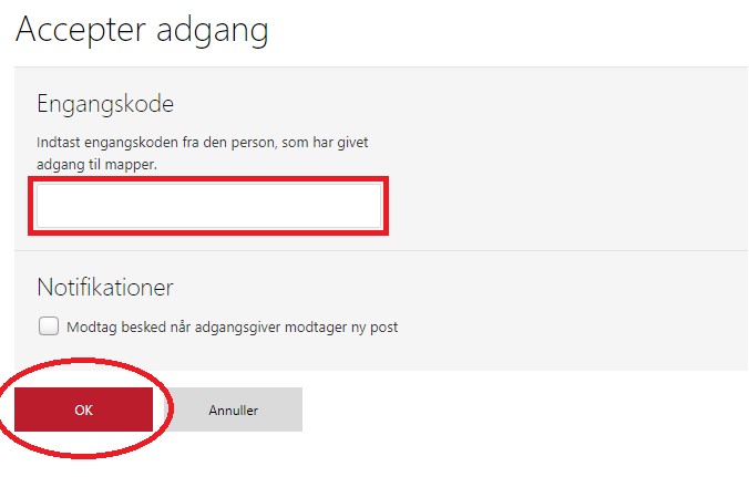 En dansk e-Boks-webside beder brugerne om at indtaste en engangsadgangskode i et tomt felt med mulighed for at modtage postmeddelelser. Nederst vises den røde OK-knap og den grå Annuller-knap.
