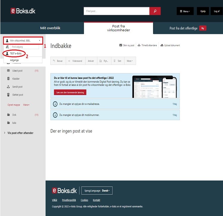 Skærmbillede af indbakken på e-Boks.dk med navigationsmuligheder til venstre, adgang til dine postmapper som den fremhævede "TEST e-Boks" og et meddelelsescenter med oplysninger om manglende e-mailadresser.
