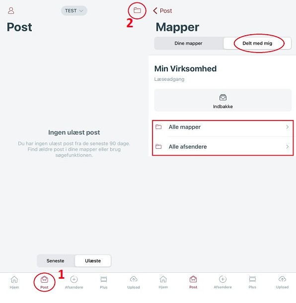 Skærmbillede af den danske e-Boks-app med navigationsfaner i bunden, hvor fanen Post er fremhævet. Skærmen viser sektioner for ulæst post, postmapper og en cirkelformet Delt med mig-knap for nem adgang.