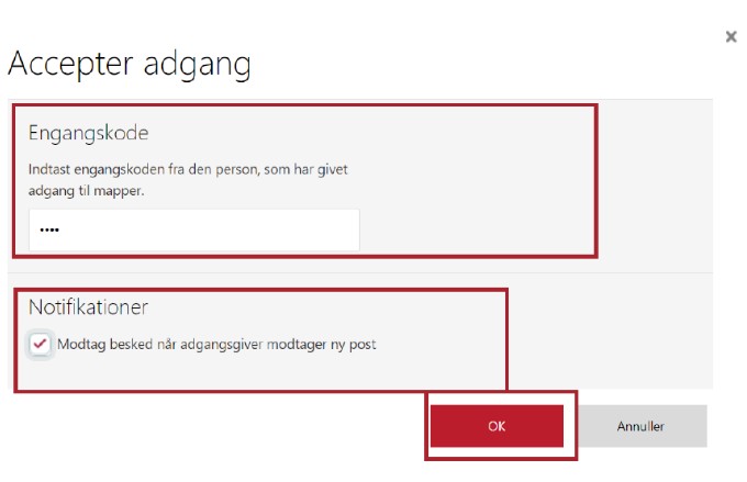 Et dansk godkendelsesbillede for adgang til e-Boks med felter til at indtaste en engangskode, mulighed for at modtage notifikationer, et afkrydsningsfelt og OK- og Annuller-knapper i bunden.