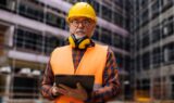 En ældre mandlig bygningsarbejder iført gul hjelm, sikkerhedsvest og høreværn om halsen holder en tablet, mens han står på en byggeplads med et stillads i baggrunden.
