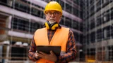 En ældre mandlig bygningsarbejder iført gul hjelm, sikkerhedsvest og høreværn om halsen holder en tablet, mens han står på en byggeplads med et stillads i baggrunden.
