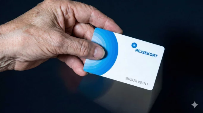 En hånd holder et rejsekort mod en mørk baggrund. Det hvide kort med blå cirkulære motiver og tekst minder dig om det: Snyd ikke dig selv-få dine penge og rejs nemt med Rejsekort.