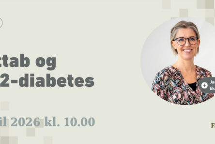 Webinar-banner: Vægttab og type 2-diabetes - lær om spis mindre for bedre sundhed. 23. april 2026 kl. 10.00. Foto af smilende Jane Kudsk, Ekspert fra Triba. Faqlige Seniorer logo i hjørnet.