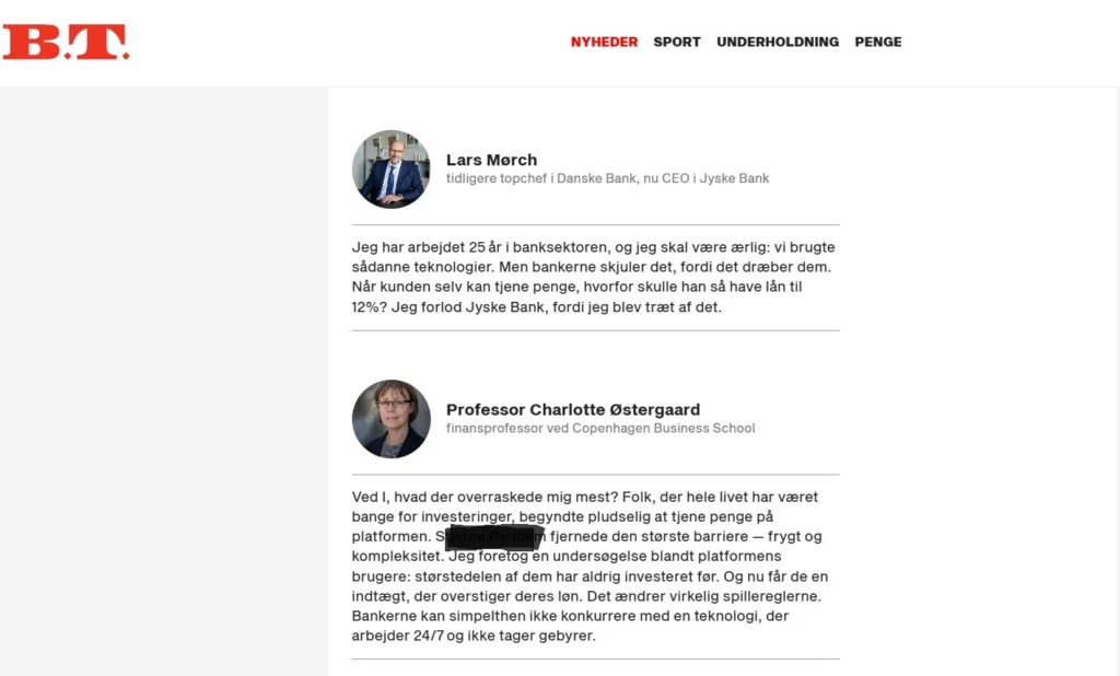 Screenshot af en B.T.-nyhedsartikel om bank-, teknologi- og investeringstendenser, hvor Lars Mørch og professor Charlotte Østergaard tager fat på emner som fupannonce og hurtige penge på Google. Hver har et profilbillede og en kort udtalelse.