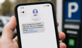 En hånd holder en smartphone, der viser en sms på dansk om et falsk parkeringsbøde med et betalingslink. Et blåt parkeringsskilt er sløret i baggrunden for at advare danskere om mulige svindelnumre.