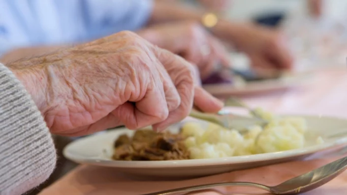 Nærbillede af en ældre persons hånd, der holder en gaffel og kniv, mens hun nyder hjemmelavet mad med kartoffelmos på et plejehjem, mens andre mennesker spiser i baggrunden.