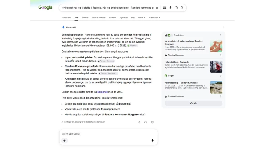 En Google-søgning viser en side om barselsorlov i Randers Kommune, Danmark. Hovedteksten er på dansk og indeholder spørgsmål og oplysninger om orlov og kommunale ydelser – præsenteret via en ny søgefunktion, der bruger Googles kunstige intelligens.