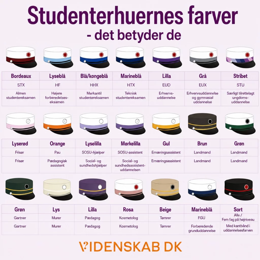 Et diagram viser farverne på de danske studenterhuer for forskellige uddannelser og fremhæver denne stolte tradition: bordeaux til akademiske uddannelser, lyseblå til tekniske uddannelser, hvid til gymnasiet, med illustrationer af hver hue, der symboliserer en ny begyndelse.