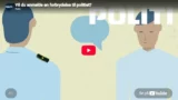 To illustrerede politibetjente står over for hinanden; mellem dem er der en taleboble. I baggrunden står ordet »POLITI« med store bogstaver, hvilket understreger politiets rolle i bekæmpelsen af digital svindel. Elementer fra YouTube-brugergrænsefladen er lagt oven på billedet.