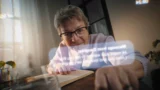 En ældre kvinde med briller sidder ved et bord og rækker sig fremad, mens hun smiler. Hun har en åben bog foran sig, og i forgrunden ses refleksioner af digital tekst og skærmbilledet fra en mobil med en Fup-sms.