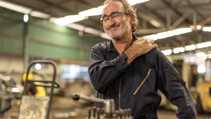 En ældre mand i arbejdsoveralls står i en fabrik og smiler med lukkede øjne, mens han holder sig for skulderen – muligvis på grund af ubehag eller smerter – en almindelig følge af hårdt arbejde for mange ældre. I den slørede baggrund ses maskiner og værktøj.