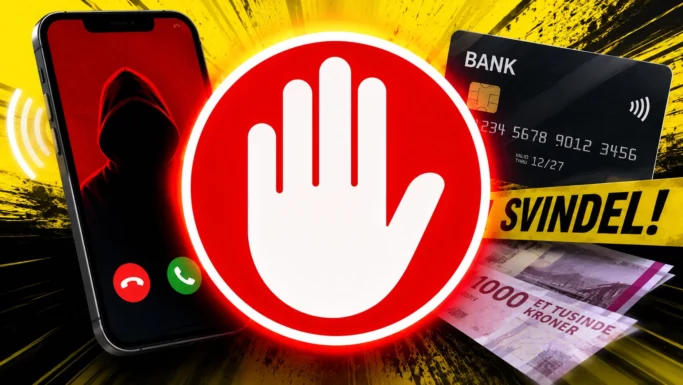 En smartphone med en person i hætte, et kreditkort, norske kroner og et stort »stop«-tegn advarer mod svindel. Der vises teksten »Svindel!«, hvilket indikerer en advarsel om svindel – beskyt din bankkonto og vær på vagt over for svindlere, der tager kontakt til dig via telefon.