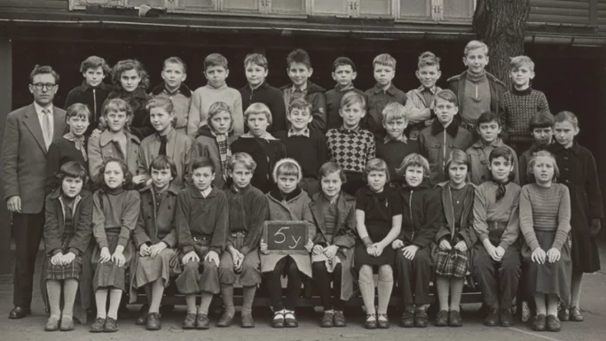 Sort-hvidt foto af en gruppe skolebørn og en mandlig lærer, der står i rækker og poserer til et klassebillede. I forreste række står et tavleskilt med påskriften 5Y. Børnene er klædt i tøj i 1950′er- eller 1960′er-stil, hvilket vækker nostalgiske minder om gamle skolekammerater, som man ser på klassiske skolebilleder.