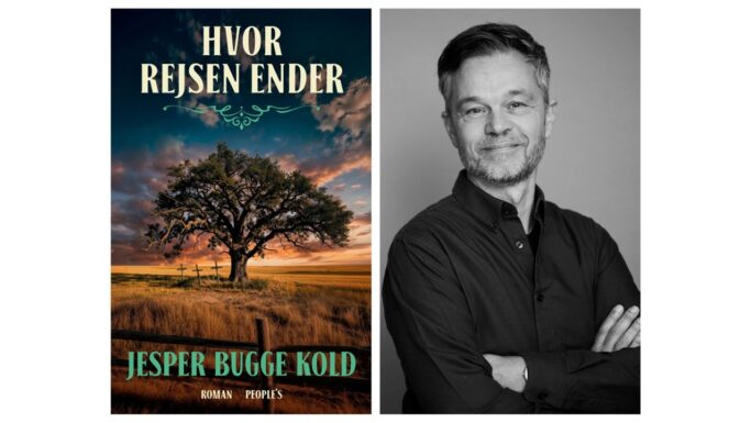 Til venstre ses et bogomslag med et træ i en mark ved solnedgang, hvor den danske titel »Hvor Rejsen Ender« af Jesper Bugge Kold er angivet – det sidste bind i hans anmelderroste slægtsfortælling. Til højre ses et sort-hvidt portræt af forfatteren, som er en smilende mand med foldede arme.