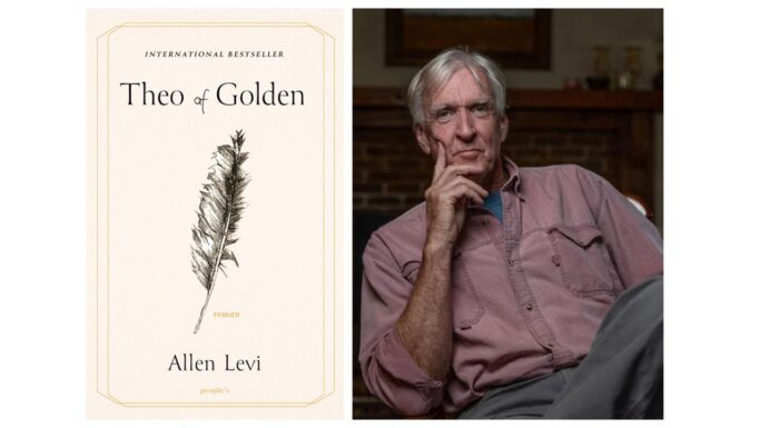 Bogomslag til bestselleren *Theo of Golden* af Allen Levi, der viser en planteillustration ved siden af forfatteren, som en mand med gråt hår og en lyserød skjorte, der sidder indenfor med hånden på hagen.