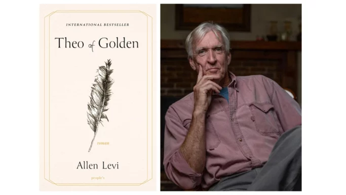 Bogomslag til bestselleren *Theo of Golden* af Allen Levi, der viser en planteillustration ved siden af forfatteren, som en mand med gråt hår og en lyserød skjorte, der sidder indenfor med hånden på hagen.