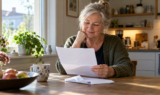 En ældre kvinde sidder ved køkkenbordet og smiler, mens hun læser et brev om sin Arne-pension. Sollyset strømmer ind gennem vinduet, og med planter og en kop i nærheden skaber det en varm og hyggelig stemning.