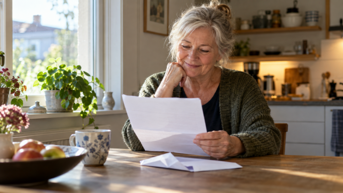 En ældre kvinde sidder ved køkkenbordet og smiler, mens hun læser et brev om sin Arne-pension. Sollyset strømmer ind gennem vinduet, og med planter og en kop i nærheden skaber det en varm og hyggelig stemning.