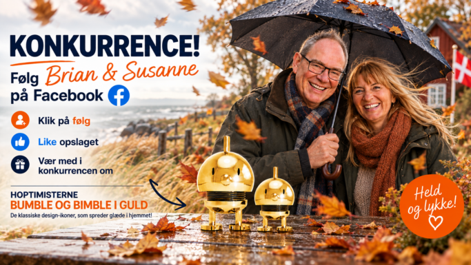 Et smilende ældre par står under en paraply om efteråret ved siden af to gyldne Hoptimist-figurer – Bumble og guldhoptimisterne. Den danske tekst reklamerer for en Facebook-konkurrence, hvor man skal følge Brian & Susanne, synes godt om et opslag og deltage for at vinde figurerne.