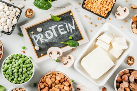 Forskellige plantebaserede proteinkilder, såsom bønner, tofu, ærter, nødder og frø, omgiver en tavle, hvor der står »PROTEIN«. Spredte svampe og spinat fuldender kompositionen – en opstilling, som selv en aldringsforsker ville sætte pris på for dens næringsrige fordele, der er anrettet i indbydende bakker.
