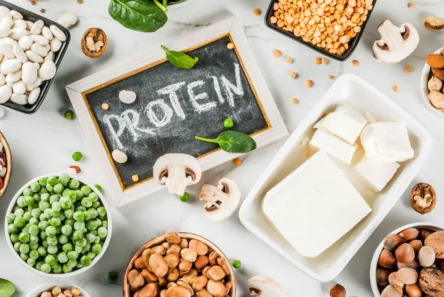 Forskellige plantebaserede proteinkilder, såsom bønner, tofu, ærter, nødder og frø, omgiver en tavle, hvor der står »PROTEIN«. Spredte svampe og spinat fuldender kompositionen – en opstilling, som selv en aldringsforsker ville sætte pris på for dens næringsrige fordele, der er anrettet i indbydende bakker.