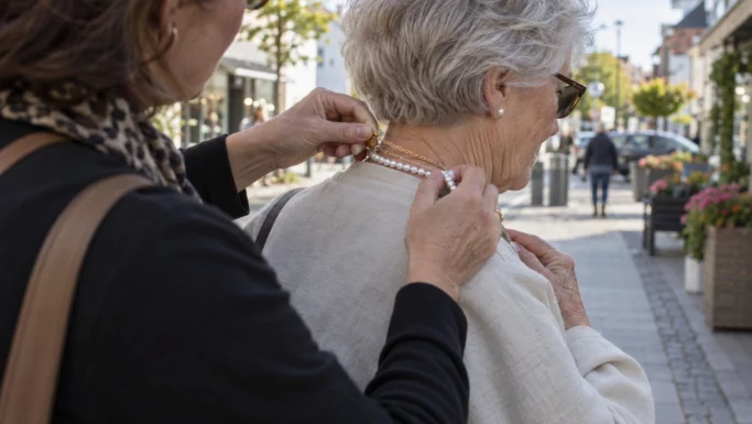 En kvinde hjælper en 78-årig ældre kvinde med at tage en perlekæde på, mens de står udendørs på en solrig gade i byen, der er fyldt med butikker, blomster og udstillinger af smukke guldhalskæder.