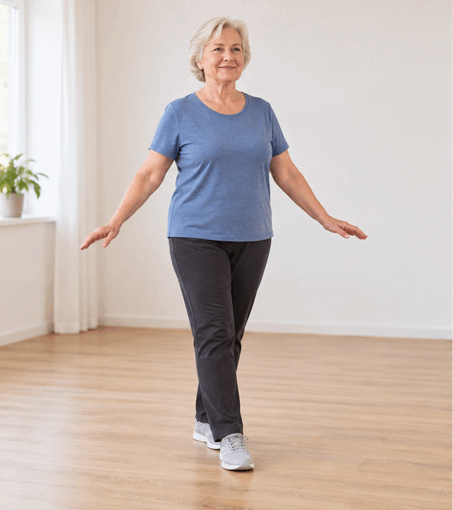 En ældre kvinde over 50 år i en blå bluse og sorte bukser træner sin balance ved at gå på hæl-tå i et lyst rum med trægulv og demonstrerer øvelser, der ofte anbefales af fysioterapeuter.