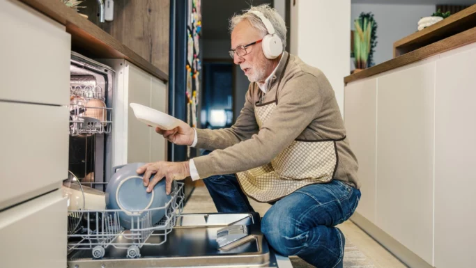 En ældre mand med hovedtelefoner og forklæde knæler i et moderne køkken, mens han lægger service i en åben opvaskemaskine. Han er helt koncentreret om sin opgave og holder en tallerken i hånden – muligvis for at time sin opvask og opladning, så han kan drage fordel af lave strømpriser og billig strøm.