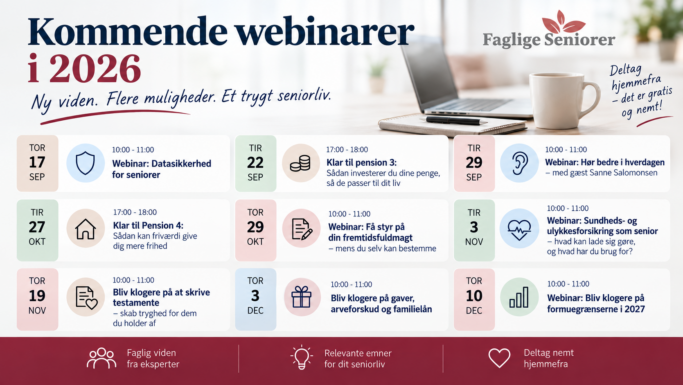 En dansk begivenhedskalender for Faglige Seniorer, der viser kommende webinarer i 2026 om digital sikkerhed, pension, sundhed og trivsel, med datoer, klokkeslæt og ikoner. Designet er holdt i bløde farver og med seniorvenlige motiver.