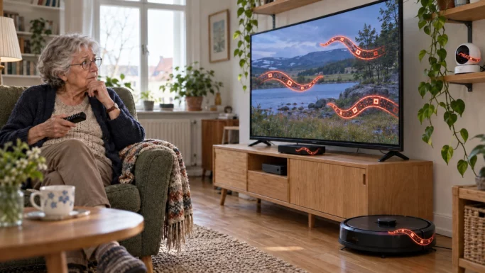 En ældre kvinde sidder i en stol med en fjernbetjening i hånden og ser fjernsyn med rødglødende AI-orme-grafik, der ligner lyset fra en robotstøvsuger, hvilket illustrerer bekymringerne omkring IT-sikkerhed.