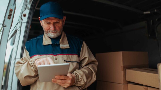 En erfaren leveringschauffør iført en blå kasket og uniform bruger en tablet, mens han står bag i en varevogn fyldt med papkasser.