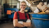 En kvinde med kort blondt hår og briller, iført en rød bluse og arbejdsoveralls, står med armene over kors i et lager og overvejer de økonomiske fordele ved at arbejde længere inden pensionering.