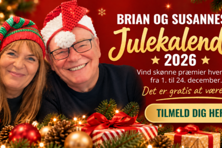 Brian og Susanne fra Falige Seniorer med julehuer ved siden af en tilmeldingsknap til en konkurrence i forbindelse med Julekalender 2026.