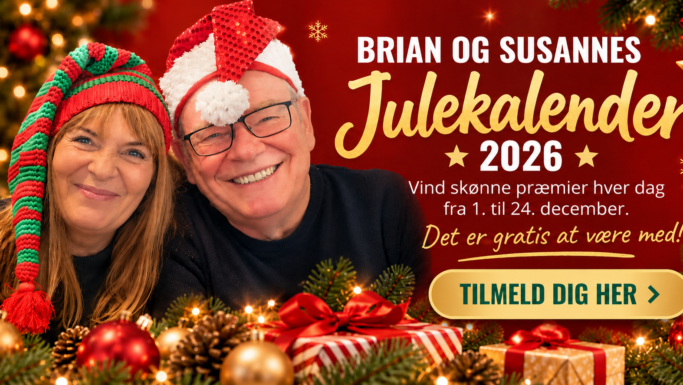 Brian og Susanne fra Falige Seniorer med julehuer ved siden af en tilmeldingsknap til en konkurrence i forbindelse med Julekalender 2026.